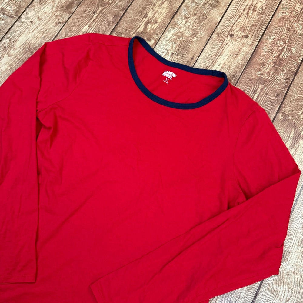 Lands End Ringer Long Sleeve T Shirt Womens Large Red Contrast Trim